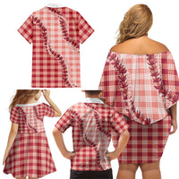 Red Hawaii Palaka Family Matching Off Shoulder Short Dress and Hawaiian Shirt Hawaiian Pikake Lei