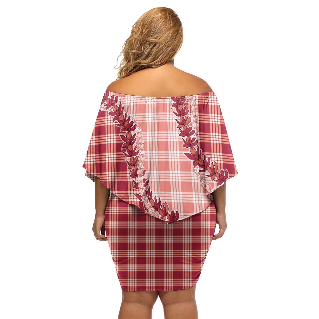 Red Hawaii Palaka Family Matching Off Shoulder Short Dress and Hawaiian Shirt Hawaiian Pikake Lei