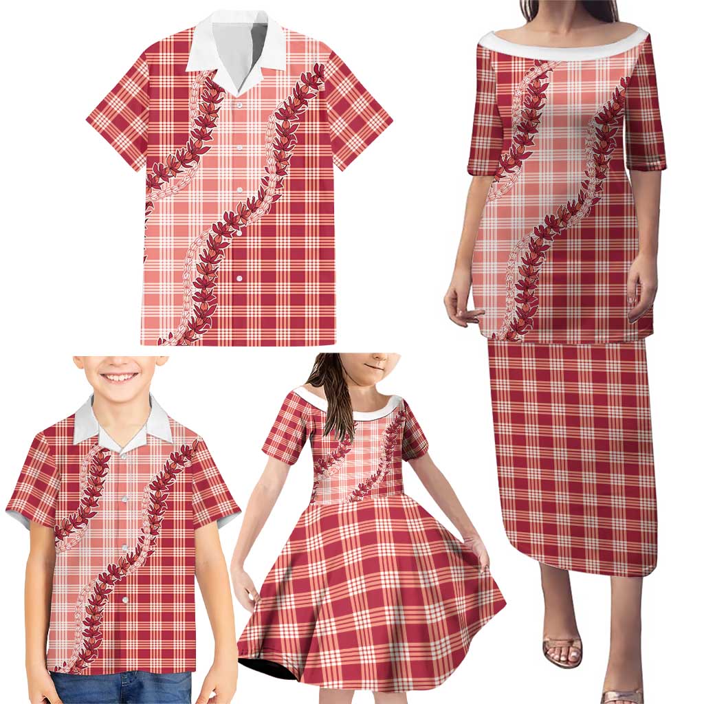 Red Hawaii Palaka Family Matching Puletasi and Hawaiian Shirt Hawaiian Pikake Lei