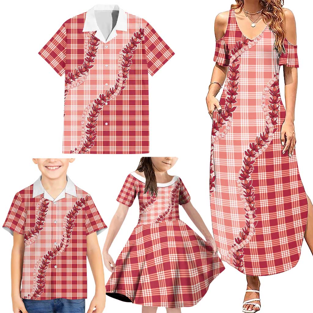 Red Hawaii Palaka Family Matching Summer Maxi Dress and Hawaiian Shirt Hawaiian Pikake Lei