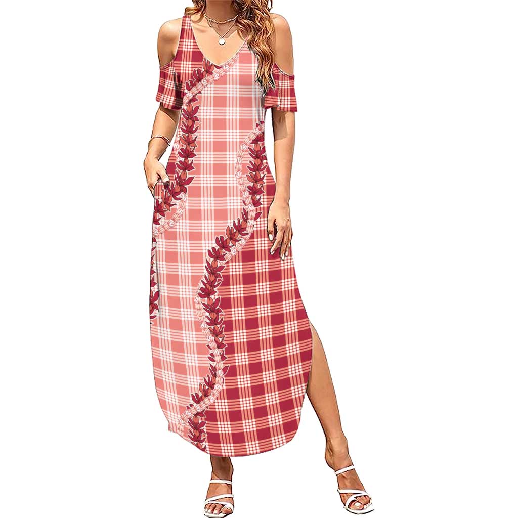 Red Hawaii Palaka Family Matching Summer Maxi Dress and Hawaiian Shirt Hawaiian Pikake Lei