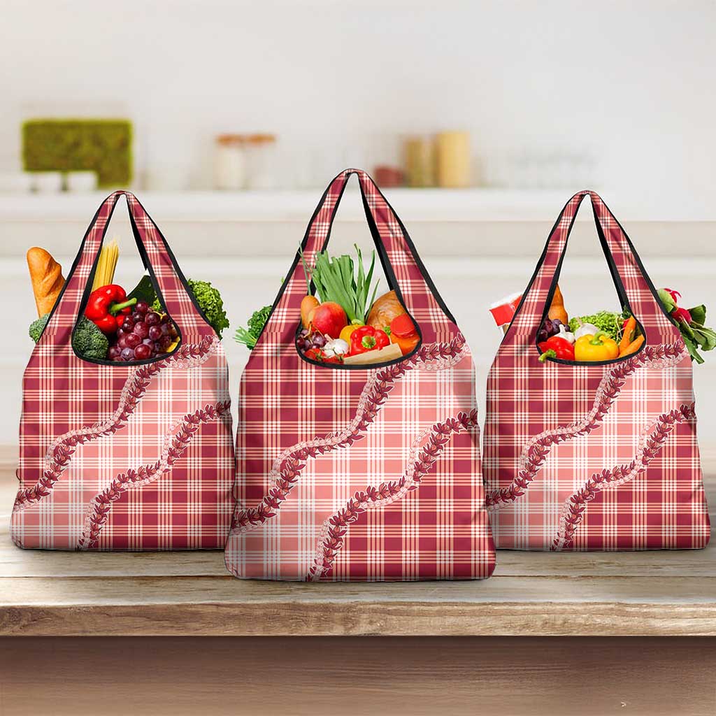 Red Hawaii Palaka Grocery Bag Hawaiian Pikake Lei