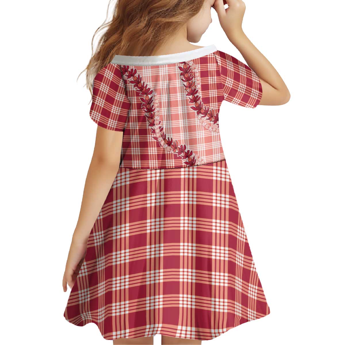 Red Hawaii Palaka Kid Short Sleeve Dress Hawaiian Pikake Lei