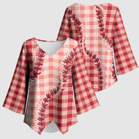 Red Hawaii Palaka Kimono Sleeve Blouse Hawaiian Pikake Lei