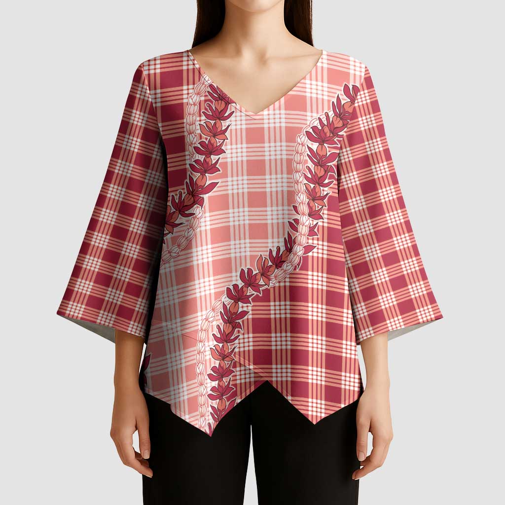 Red Hawaii Palaka Kimono Sleeve Blouse Hawaiian Pikake Lei