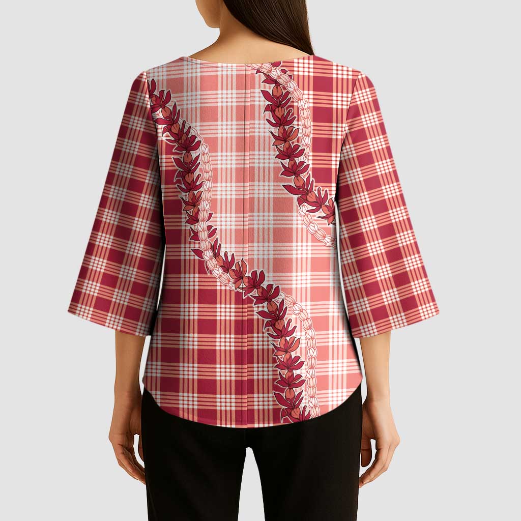Red Hawaii Palaka Kimono Sleeve Blouse Hawaiian Pikake Lei