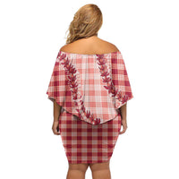 Red Hawaii Palaka Off Shoulder Short Dress Hawaiian Pikake Lei