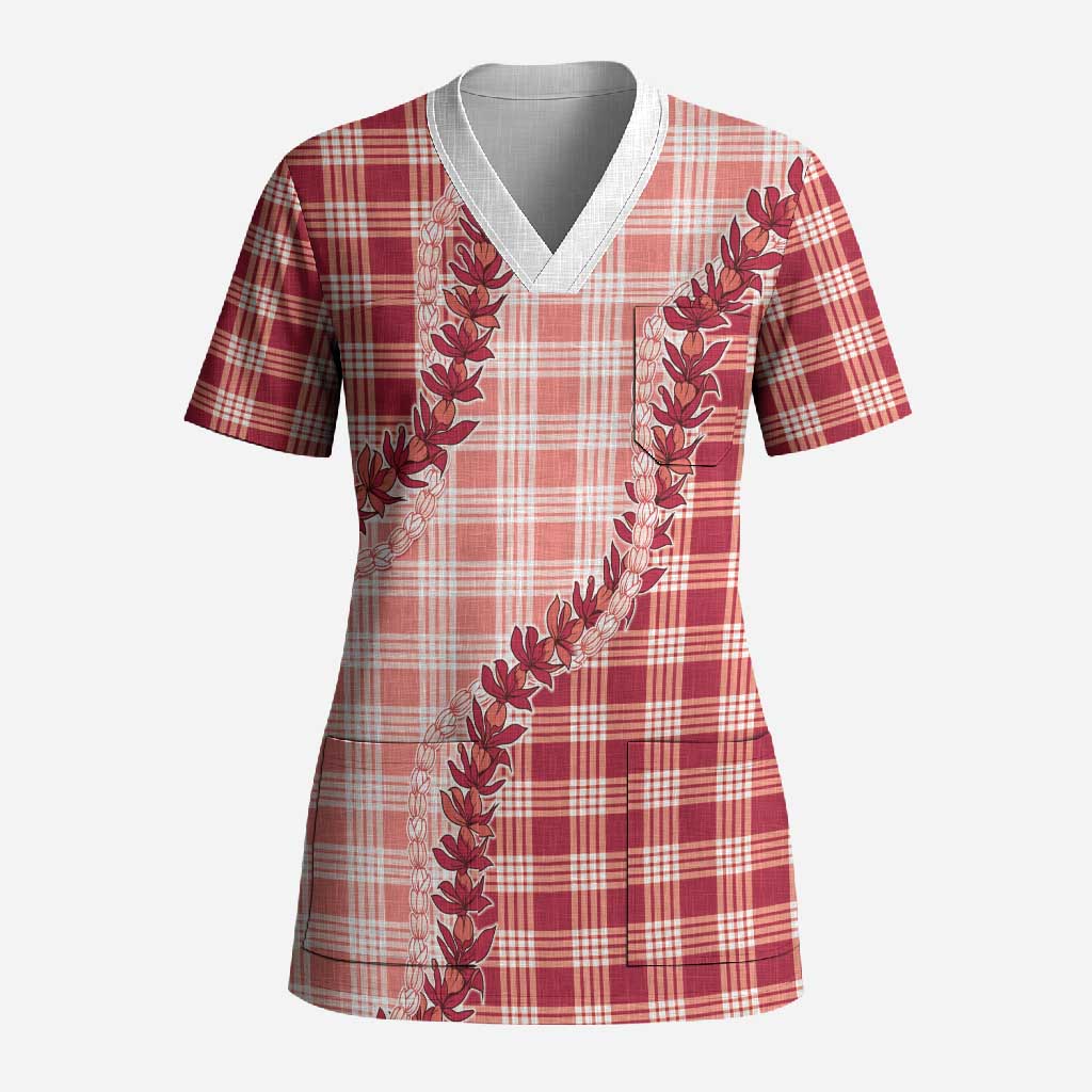 Red Hawaii Palaka Scrub Top Hawaiian Pikake Lei