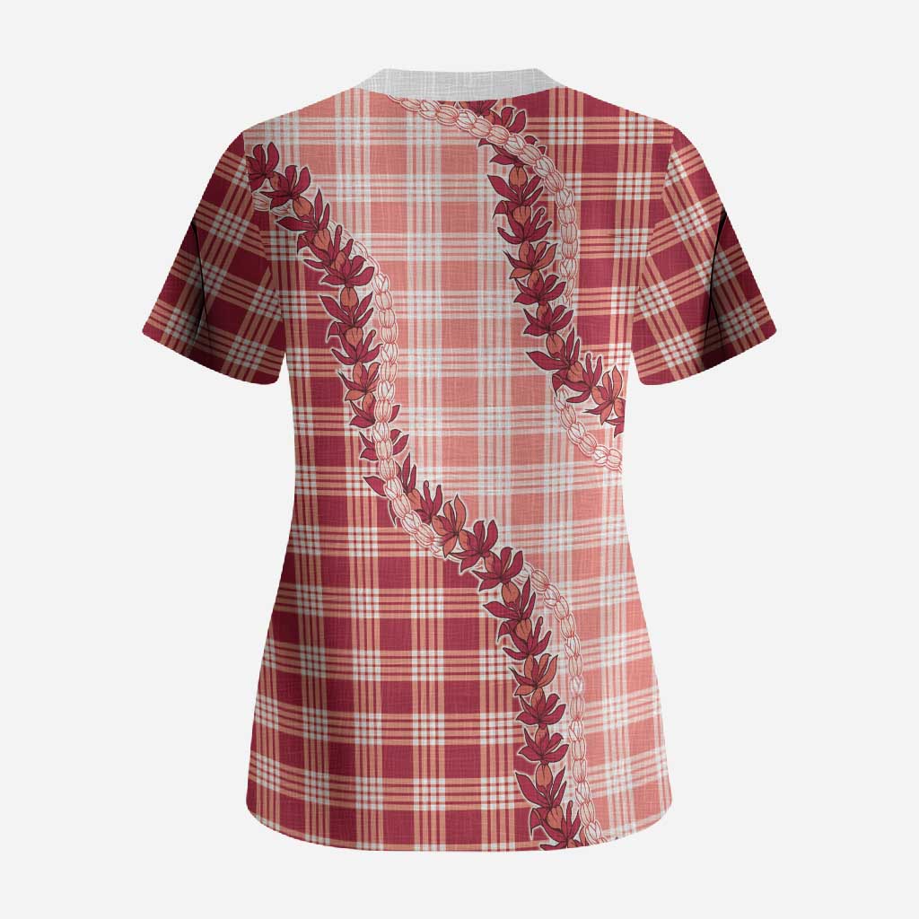 Red Hawaii Palaka Scrub Top Hawaiian Pikake Lei