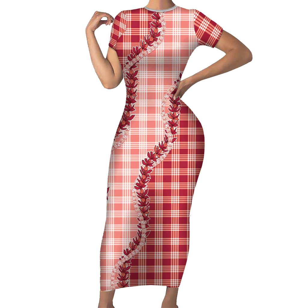 Red Hawaii Palaka Short Sleeve Bodycon Dress Hawaiian Pikake Lei