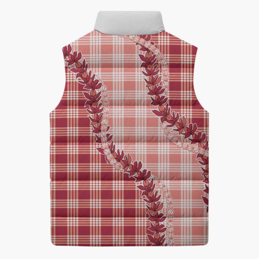 Red Hawaii Palaka Sleeveless Puffer Jacket Hawaiian Pikake Lei