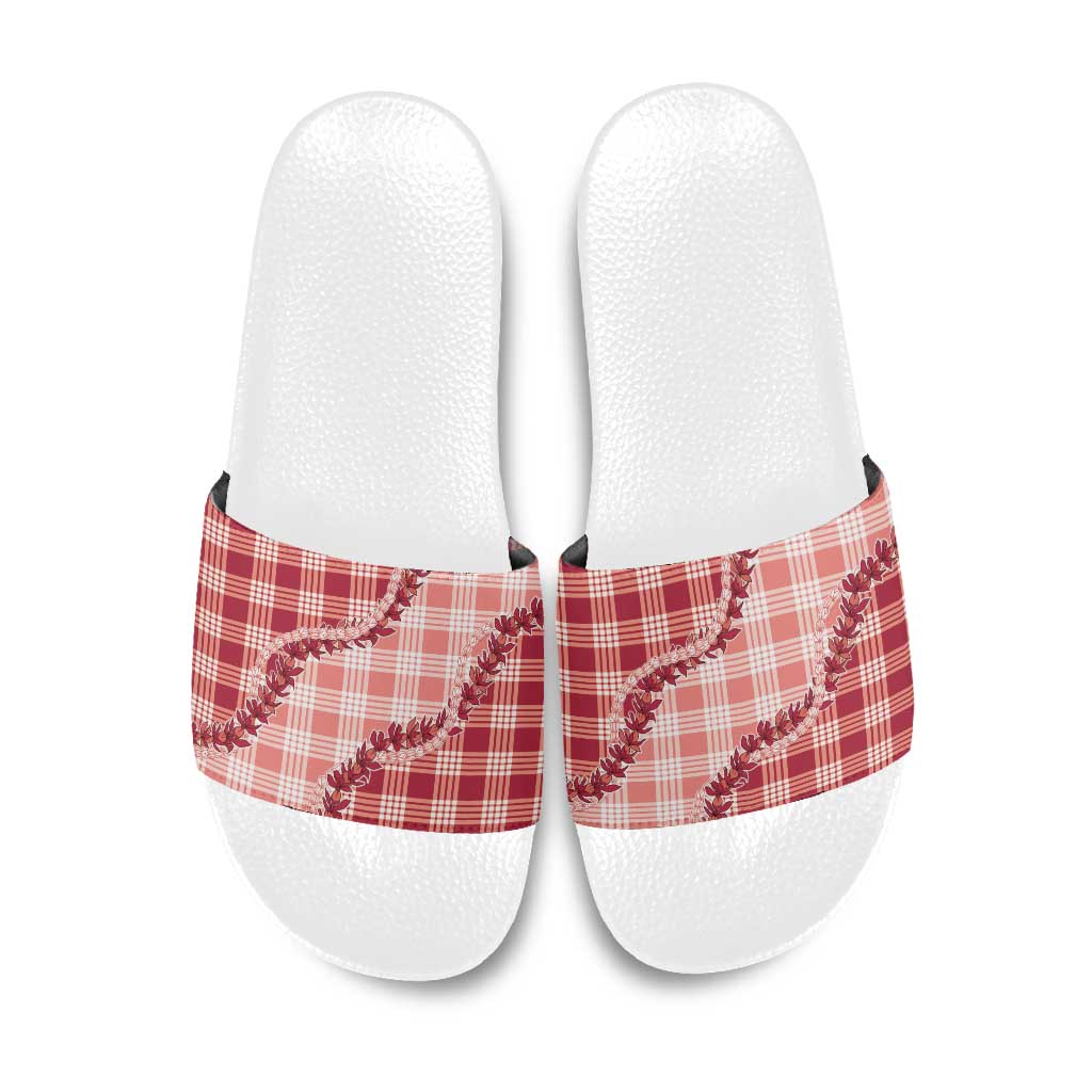Red Hawaii Palaka Slide Sandals Hawaiian Pikake Lei