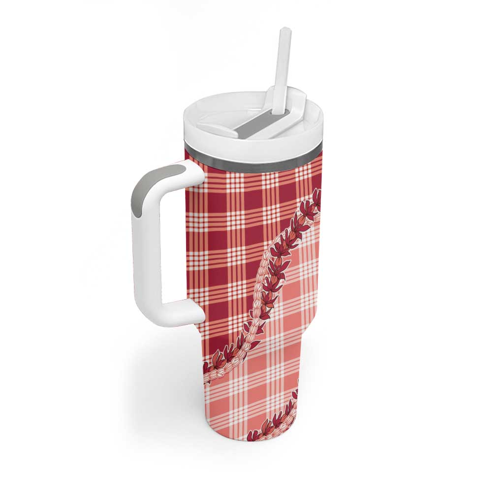 Red Hawaii Palaka Tumbler With Handle Hawaiian Pikake Lei