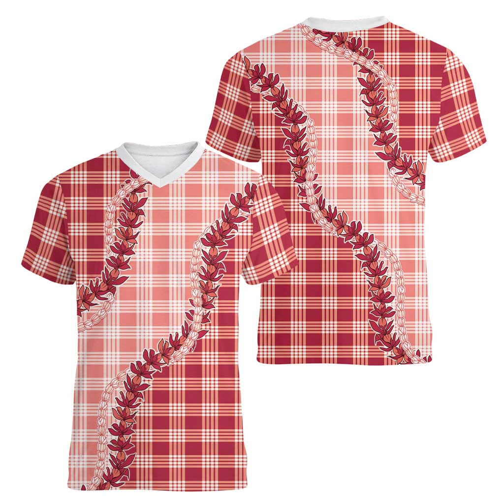 Red Hawaii Palaka Women V-Neck T-Shirt Hawaiian Pikake Lei
