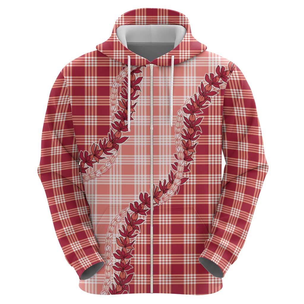 Red Hawaii Palaka Zip Hoodie Hawaiian Pikake Lei