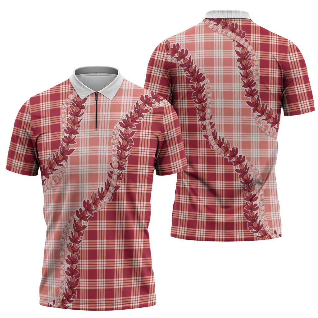 Red Hawaii Palaka Zipper Polo Shirt Hawaiian Pikake Lei