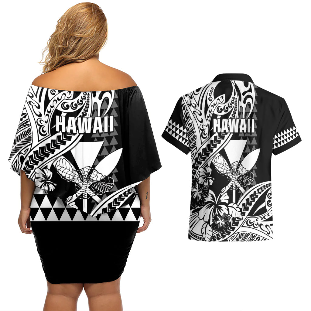 Hawaii Maui Upena Kiloi Couples Matching Off Shoulder Short Dress and Hawaiian Shirt Kakau Tribal Pattern Black Version LT05 - Polynesian Pride