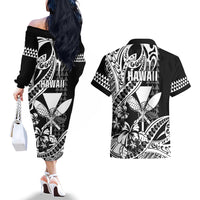 Hawaii Maui Upena Kiloi Couples Matching Off The Shoulder Long Sleeve Dress and Hawaiian Shirt Kakau Tribal Pattern Black Version