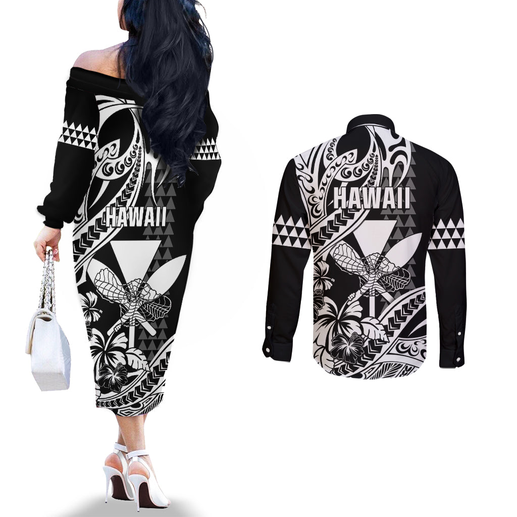 Hawaii Maui Upena Kiloi Couples Matching Off The Shoulder Long Sleeve Dress and Long Sleeve Button Shirt Kakau Tribal Pattern Black Version