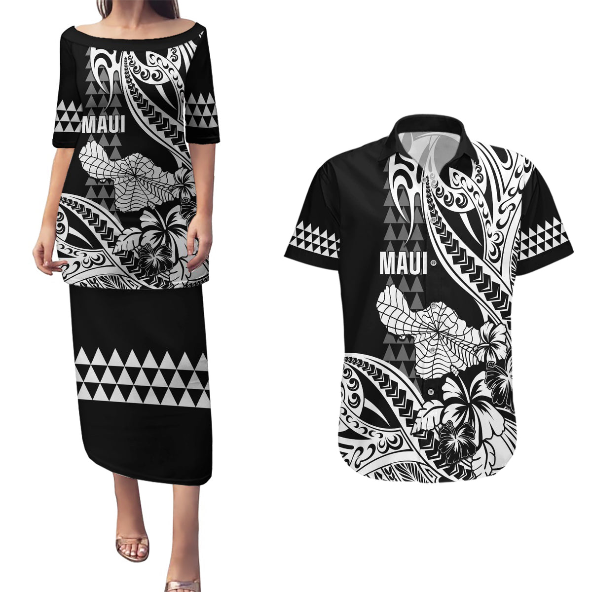 Hawaii Maui Upena Kiloi Couples Matching Puletasi and Hawaiian Shirt Kakau Tribal Pattern Black Version