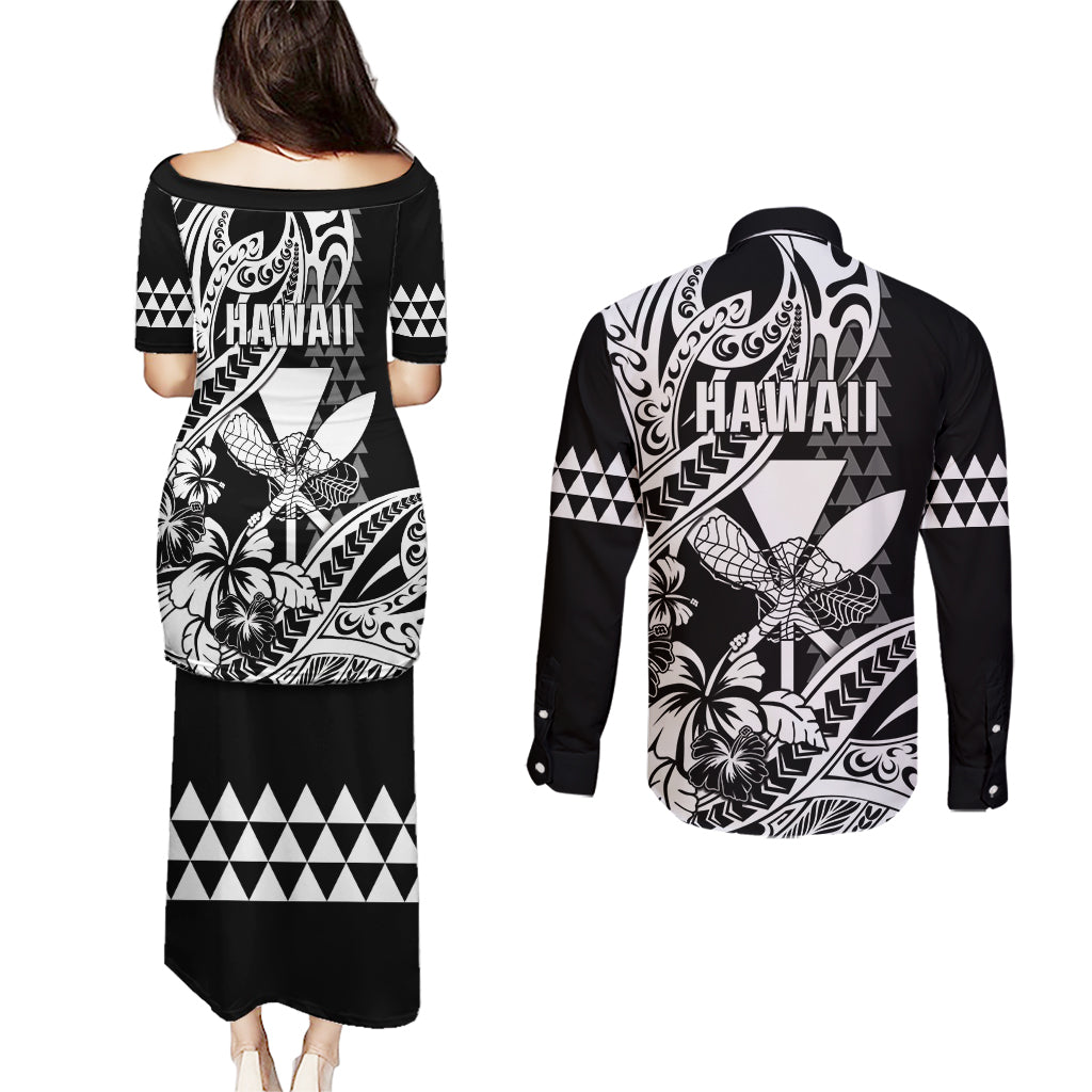 Hawaii Maui Upena Kiloi Couples Matching Puletasi and Long Sleeve Button Shirt Kakau Tribal Pattern Black Version