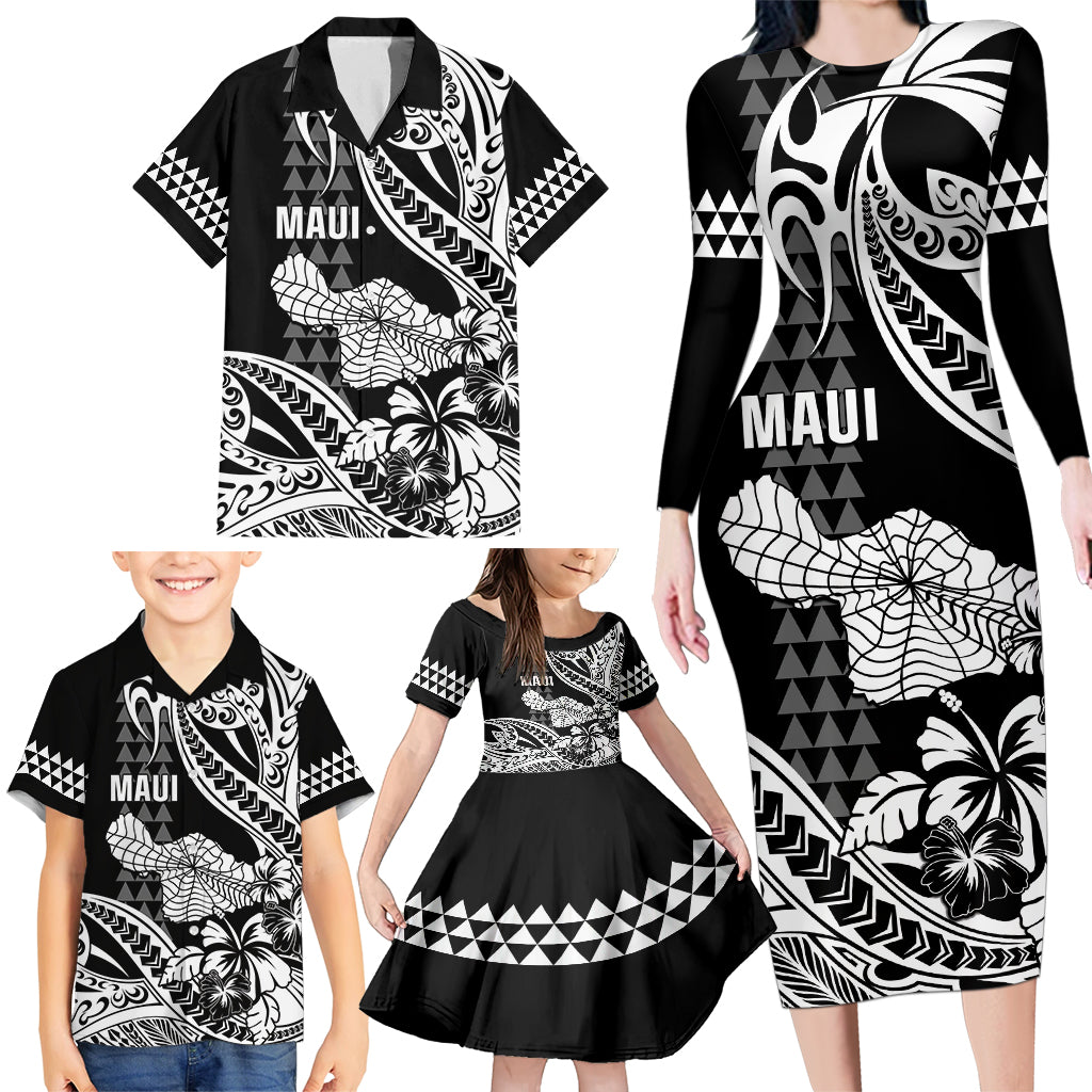 Hawaii Maui Upena Kiloi Family Matching Long Sleeve Bodycon Dress and Hawaiian Shirt Kakau Tribal Pattern Black Version LT05 - Polynesian Pride