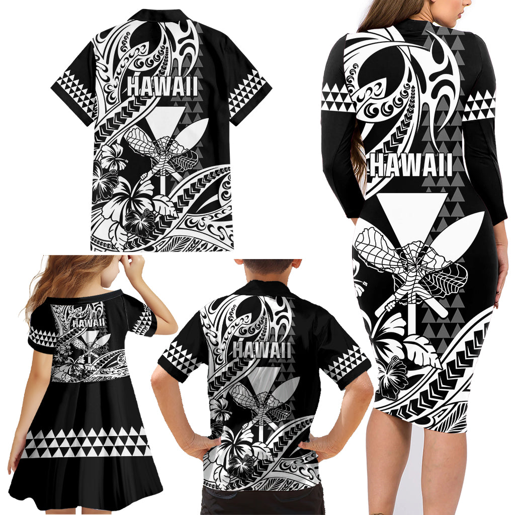 Hawaii Maui Upena Kiloi Family Matching Long Sleeve Bodycon Dress and Hawaiian Shirt Kakau Tribal Pattern Black Version LT05 - Polynesian Pride