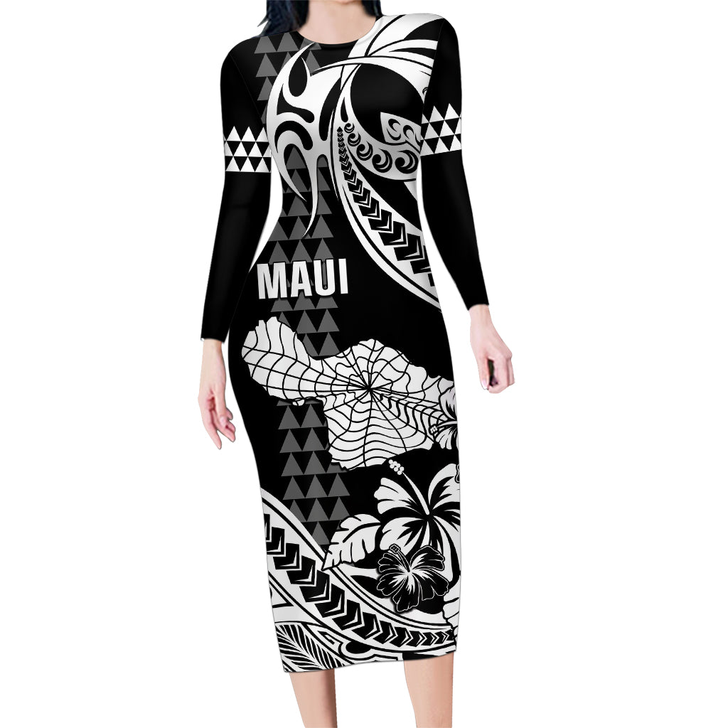 Hawaii Maui Upena Kiloi Family Matching Long Sleeve Bodycon Dress and Hawaiian Shirt Kakau Tribal Pattern Black Version LT05 Mom's Dress Black - Polynesian Pride
