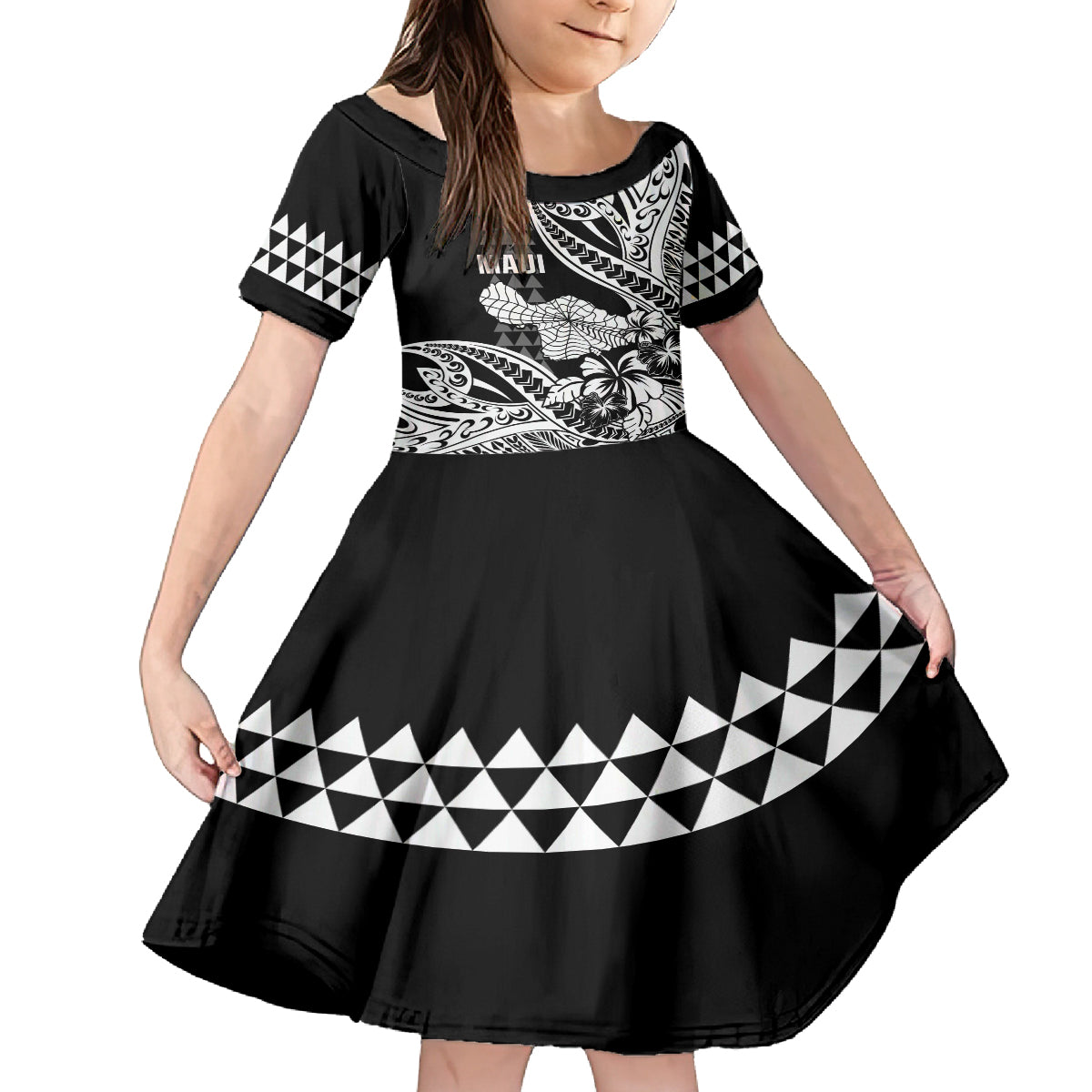 Hawaii Maui Upena Kiloi Family Matching Off The Shoulder Long Sleeve Dress and Hawaiian Shirt Kakau Tribal Pattern Black Version LT05 Daughter's Dress Black - Polynesian Pride