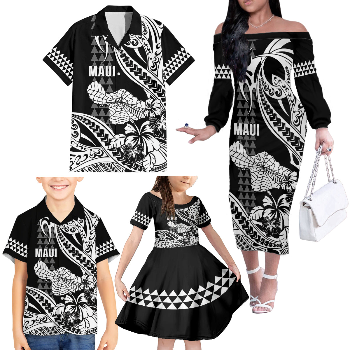 Hawaii Maui Upena Kiloi Family Matching Off The Shoulder Long Sleeve Dress and Hawaiian Shirt Kakau Tribal Pattern Black Version LT05 - Polynesian Pride