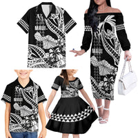 Hawaii Maui Upena Kiloi Family Matching Off The Shoulder Long Sleeve Dress and Hawaiian Shirt Kakau Tribal Pattern Black Version LT05 - Polynesian Pride