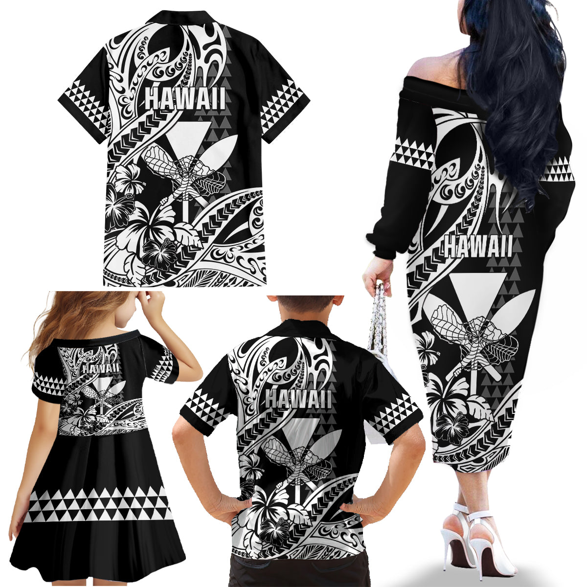 Hawaii Maui Upena Kiloi Family Matching Off The Shoulder Long Sleeve Dress and Hawaiian Shirt Kakau Tribal Pattern Black Version LT05 - Polynesian Pride