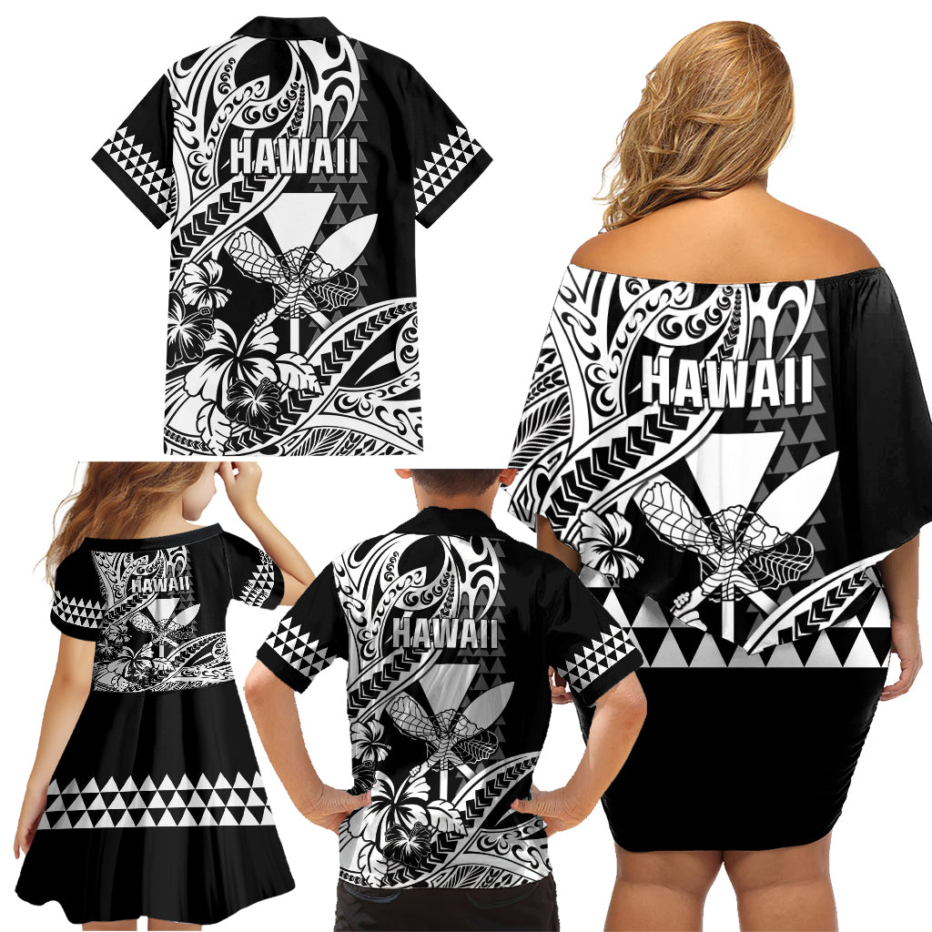 Hawaii Maui Upena Kiloi Family Matching Off Shoulder Short Dress and Hawaiian Shirt Kakau Tribal Pattern Black Version LT05 - Polynesian Pride