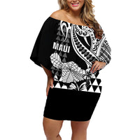 Hawaii Maui Upena Kiloi Family Matching Off Shoulder Short Dress and Hawaiian Shirt Kakau Tribal Pattern Black Version LT05 Mom's Dress Black - Polynesian Pride