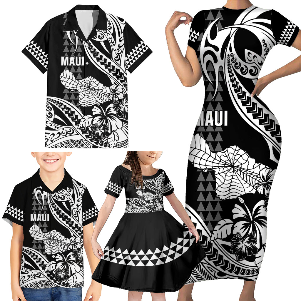 Hawaii Maui Upena Kiloi Family Matching Short Sleeve Bodycon Dress and Hawaiian Shirt Kakau Tribal Pattern Black Version LT05 - Polynesian Pride