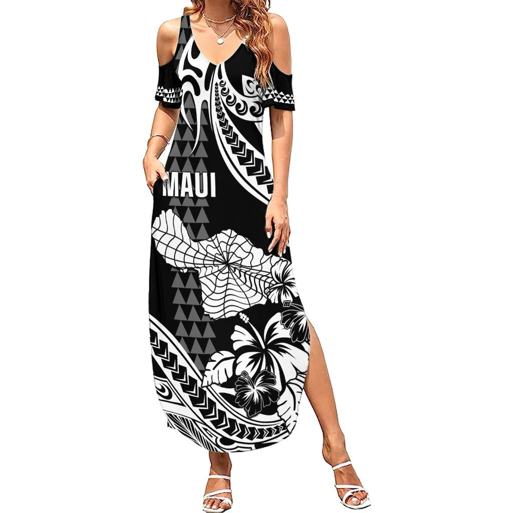 Hawaii Maui Upena Kiloi Family Matching Summer Maxi Dress and Hawaiian Shirt Kakau Tribal Pattern Black Version