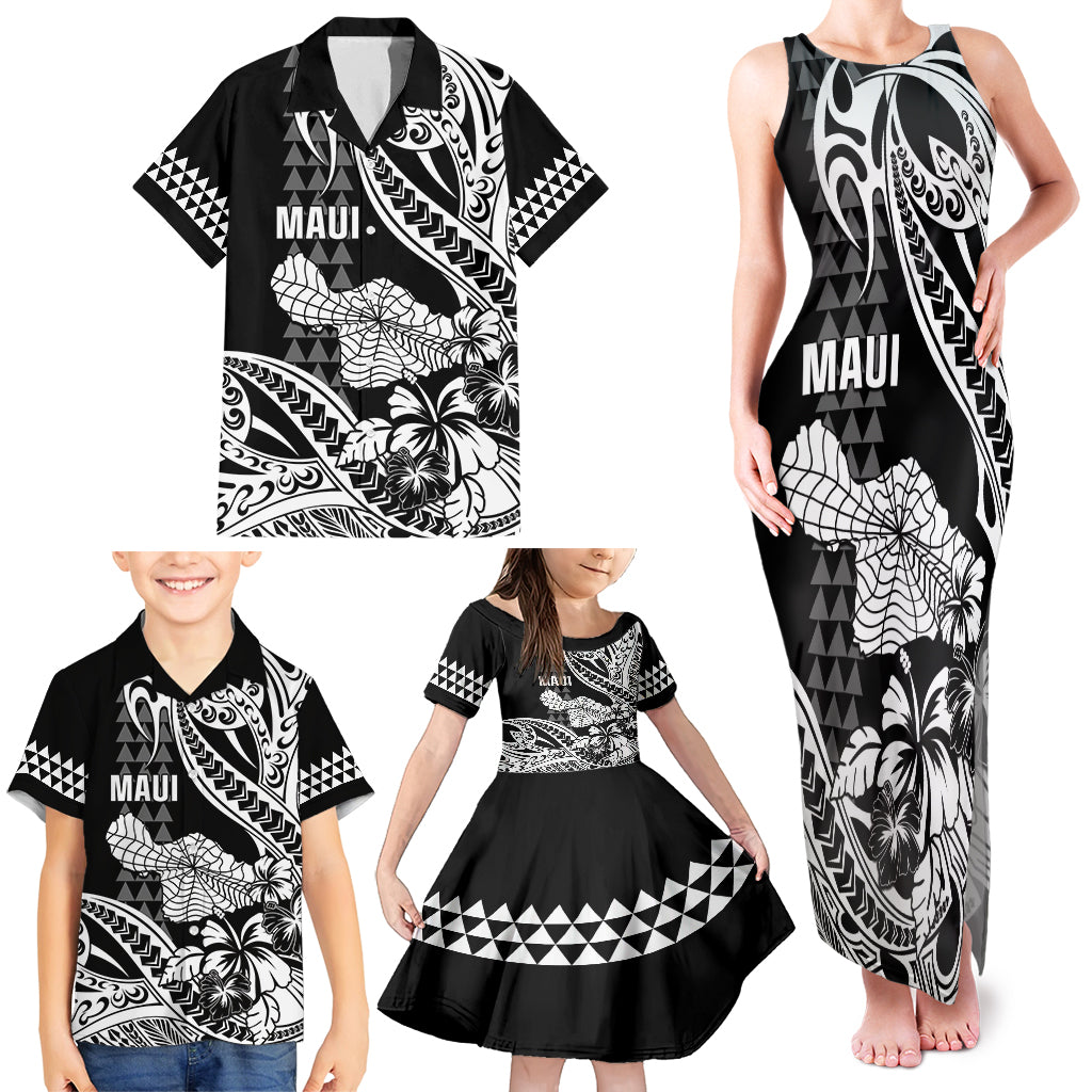 Hawaii Maui Upena Kiloi Family Matching Tank Maxi Dress and Hawaiian Shirt Kakau Tribal Pattern Black Version LT05 - Polynesian Pride