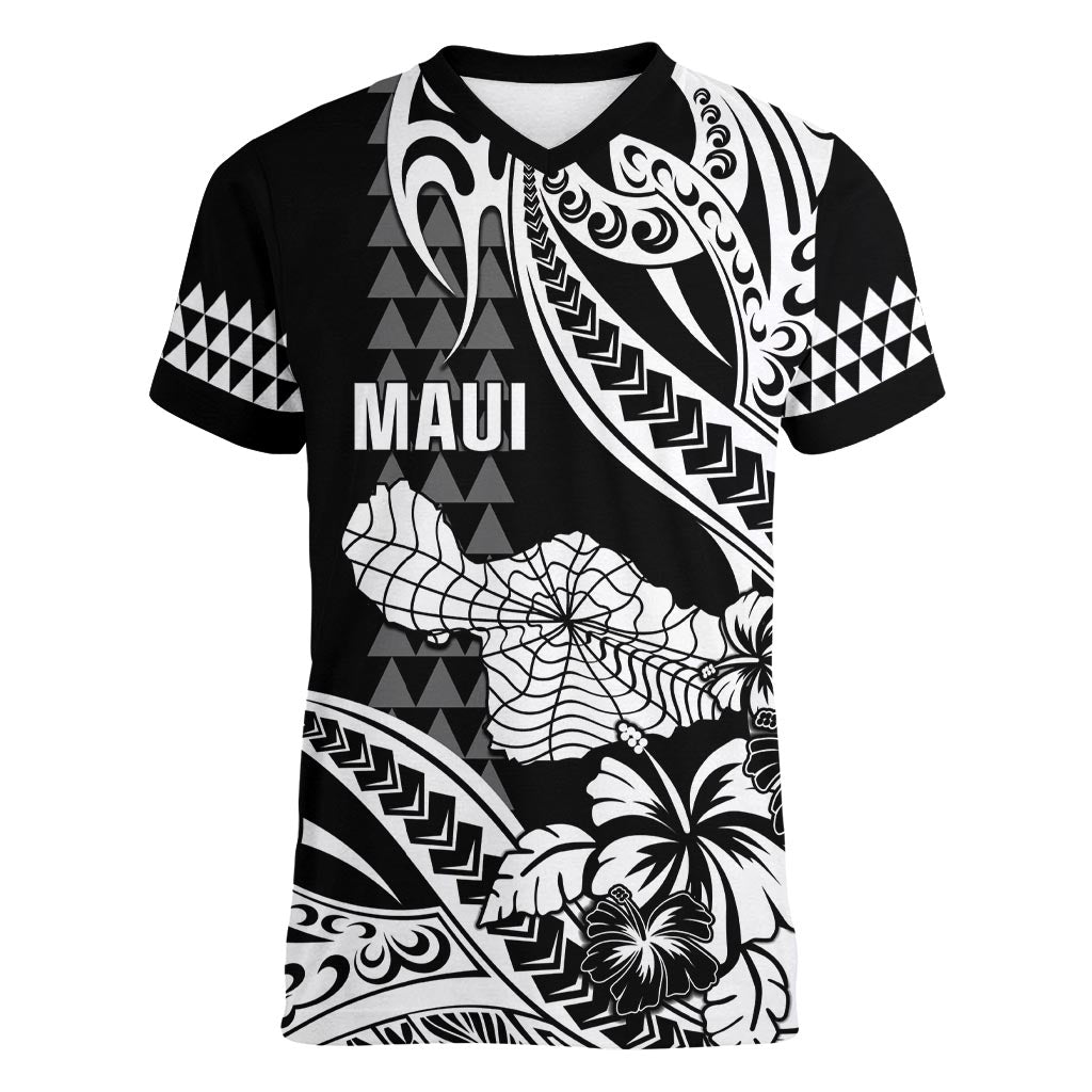 Hawaii Maui Upena Kiloi Women V-Neck T-Shirt Kakau Tribal Pattern Black Version
