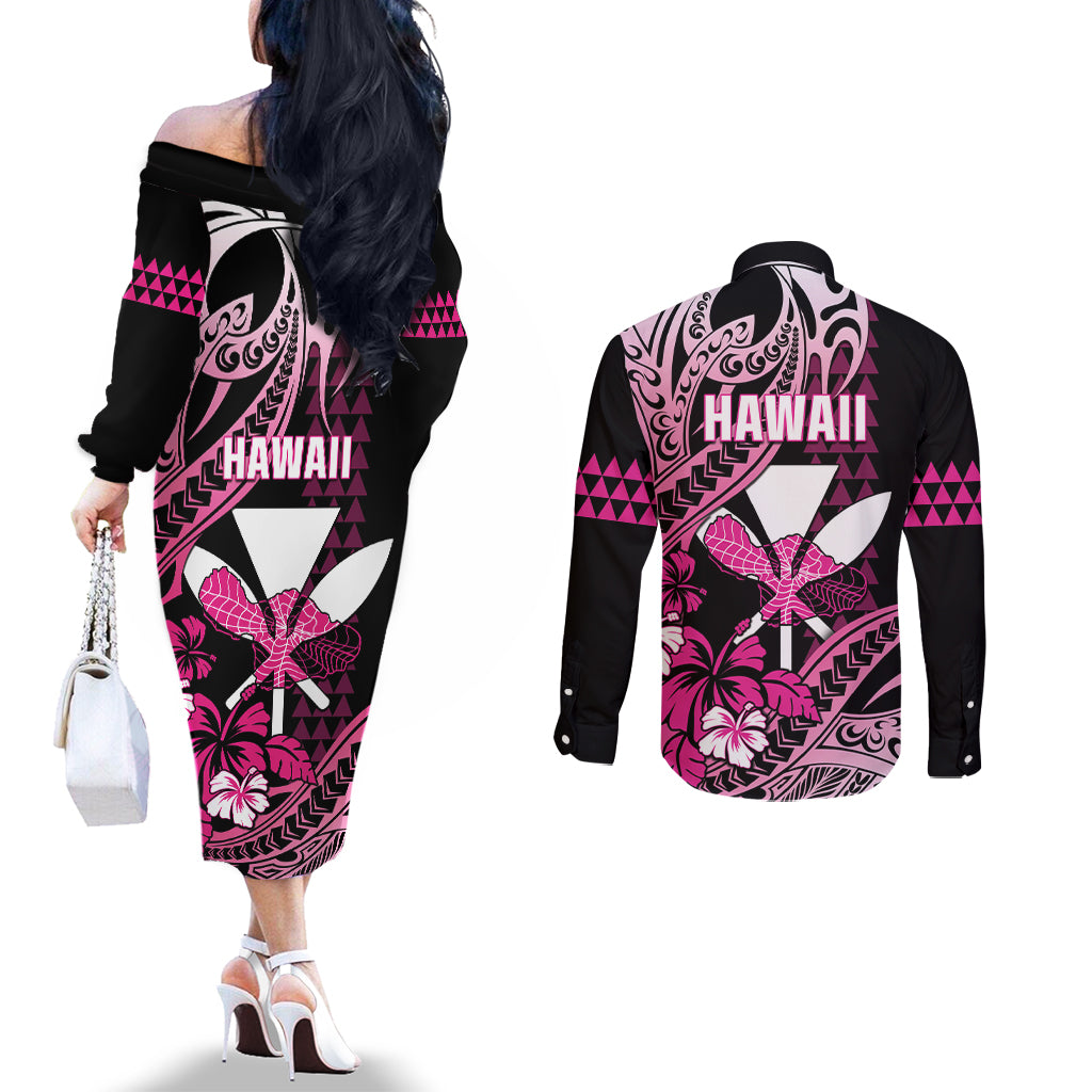 Hawaii Maui Upena Kiloi Couples Matching Off The Shoulder Long Sleeve Dress and Long Sleeve Button Shirt Kakau Tribal Pattern Pink Version