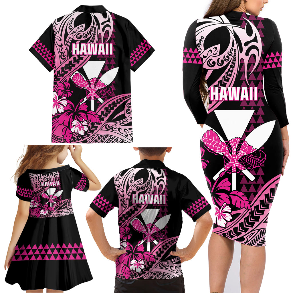 Hawaii Maui Upena Kiloi Family Matching Long Sleeve Bodycon Dress and Hawaiian Shirt Kakau Tribal Pattern Pink Version LT05 - Polynesian Pride