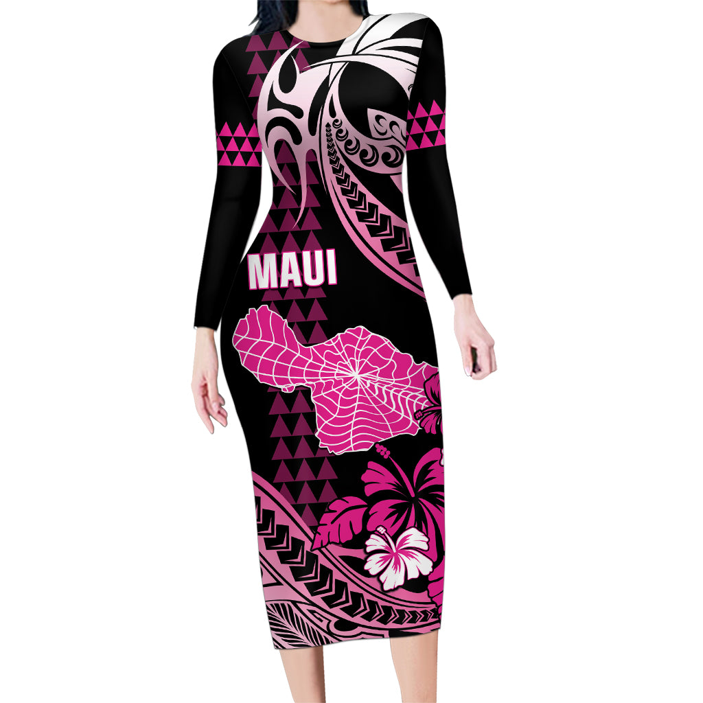 Hawaii Maui Upena Kiloi Family Matching Long Sleeve Bodycon Dress and Hawaiian Shirt Kakau Tribal Pattern Pink Version LT05 Mom's Dress Pink - Polynesian Pride