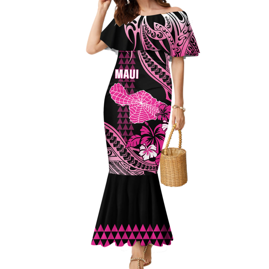Hawaii Maui Upena Kiloi Family Matching Mermaid Dress and Hawaiian Shirt Kakau Tribal Pattern Pink Version LT05 Mom's Dress Pink - Polynesian Pride