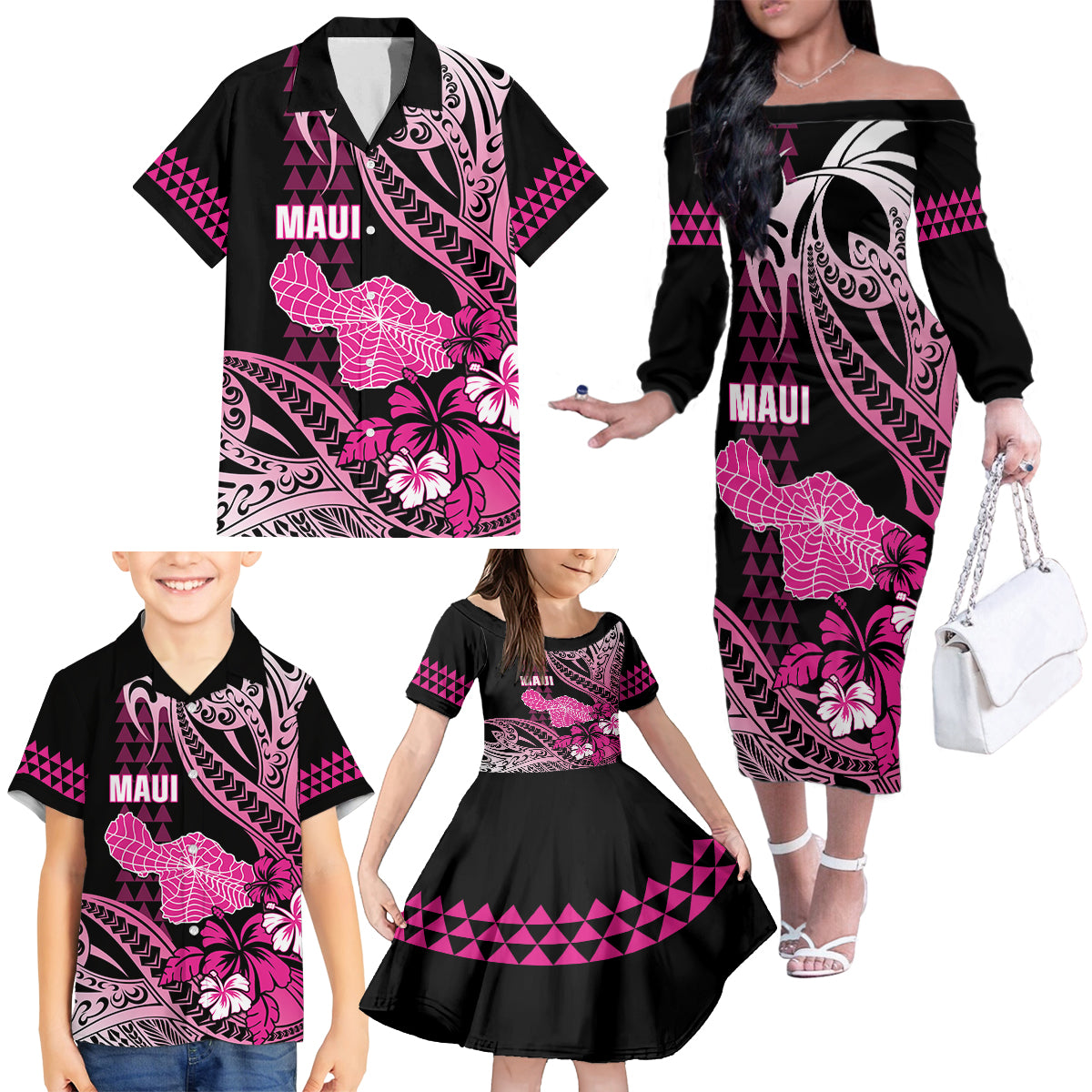 Hawaii Maui Upena Kiloi Family Matching Off The Shoulder Long Sleeve Dress and Hawaiian Shirt Kakau Tribal Pattern Pink Version LT05 - Polynesian Pride