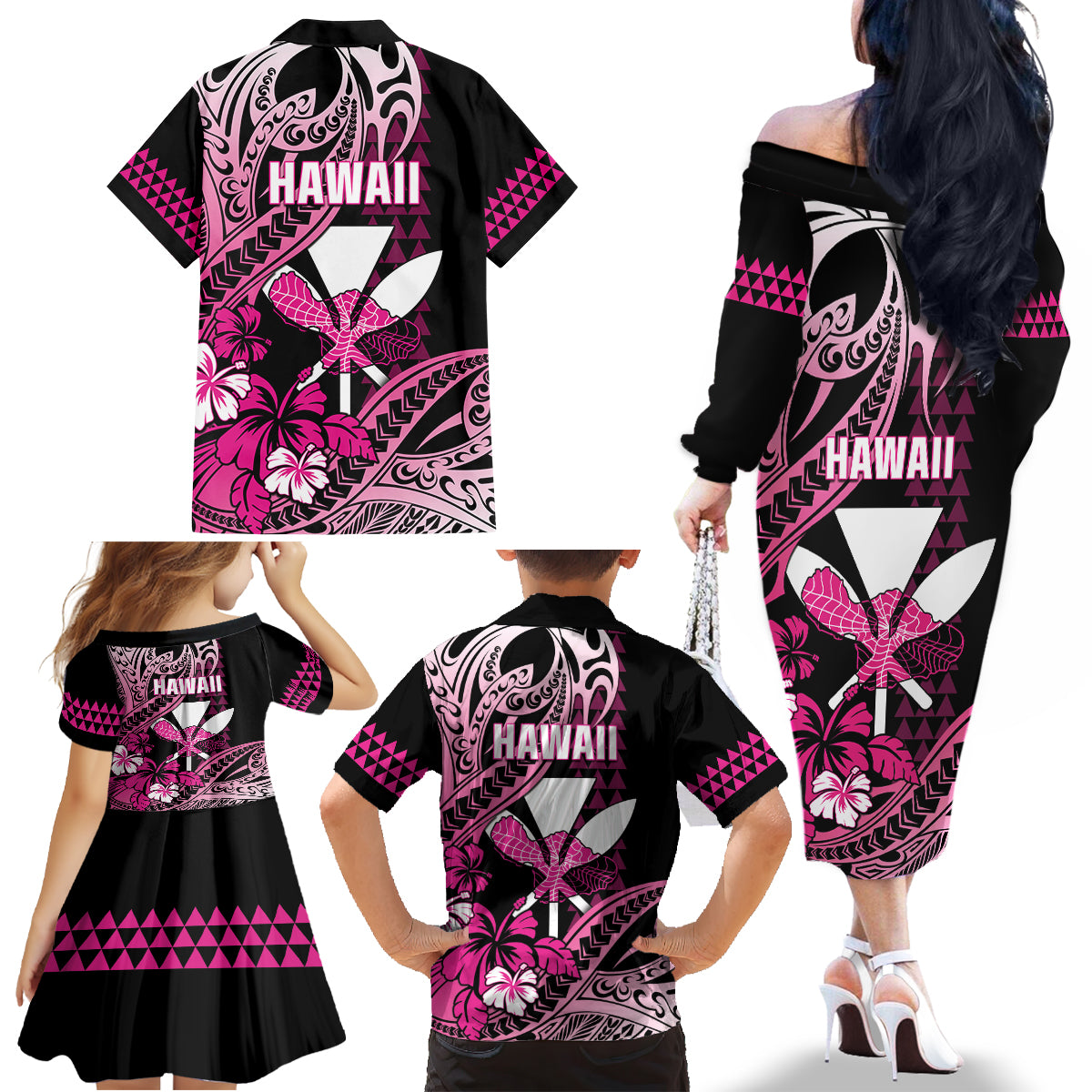 Hawaii Maui Upena Kiloi Family Matching Off The Shoulder Long Sleeve Dress and Hawaiian Shirt Kakau Tribal Pattern Pink Version LT05 - Polynesian Pride