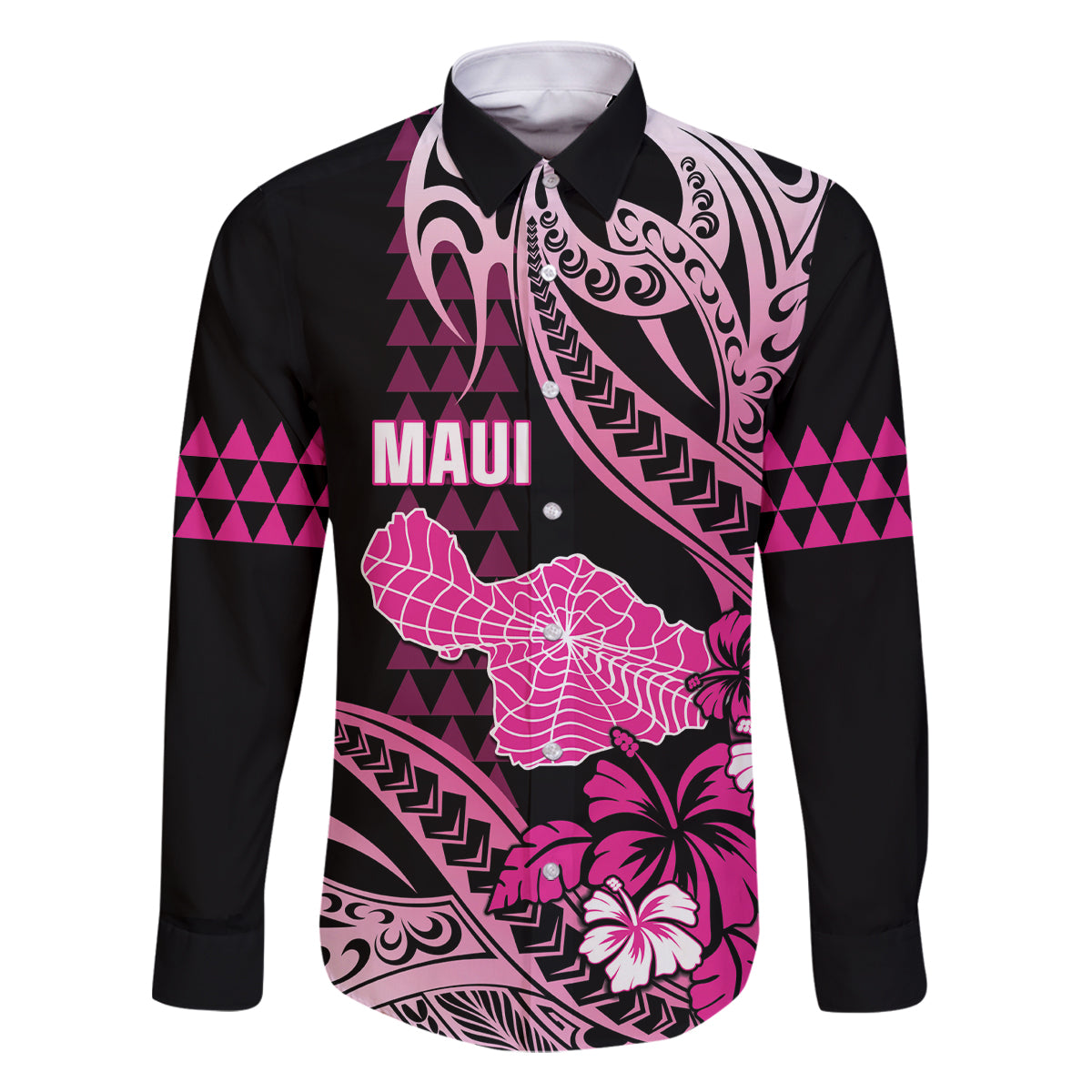 Hawaii Maui Upena Kiloi Family Matching Off The Shoulder Long Sleeve Dress and Hawaiian Shirt Kakau Tribal Pattern Pink Version LT05 Dad's Shirt - Long Sleeve Pink - Polynesian Pride