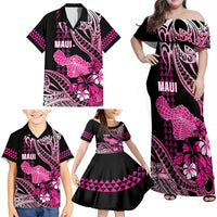 Hawaii Maui Upena Kiloi Family Matching Off Shoulder Maxi Dress and Hawaiian Shirt Kakau Tribal Pattern Pink Version LT05 - Polynesian Pride