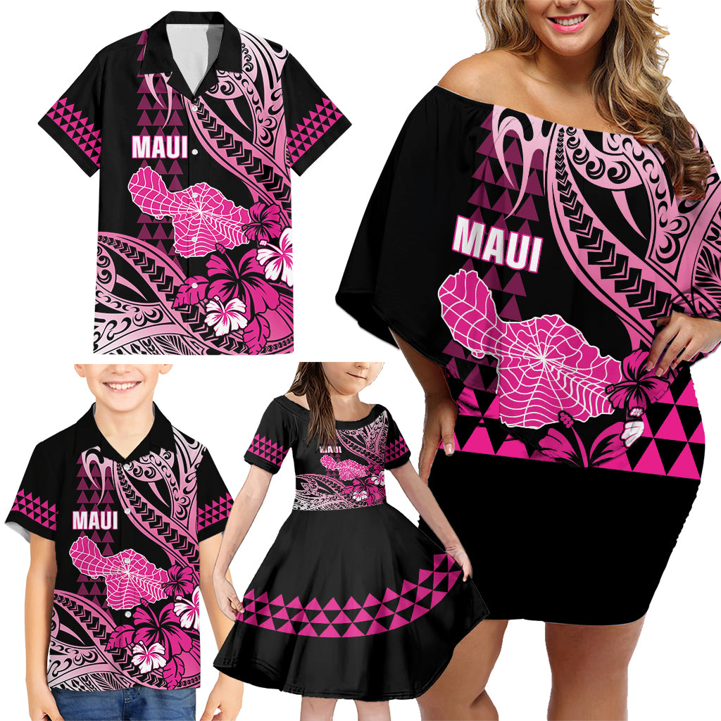 Hawaii Maui Upena Kiloi Family Matching Off Shoulder Short Dress and Hawaiian Shirt Kakau Tribal Pattern Pink Version LT05 - Polynesian Pride