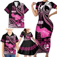 Hawaii Maui Upena Kiloi Family Matching Short Sleeve Bodycon Dress and Hawaiian Shirt Kakau Tribal Pattern Pink Version LT05 - Polynesian Pride