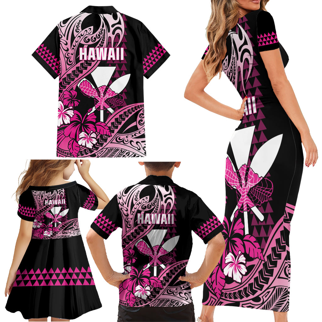 Hawaii Maui Upena Kiloi Family Matching Short Sleeve Bodycon Dress and Hawaiian Shirt Kakau Tribal Pattern Pink Version LT05 - Polynesian Pride