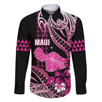 Hawaii Maui Upena Kiloi Family Matching Short Sleeve Bodycon Dress and Hawaiian Shirt Kakau Tribal Pattern Pink Version LT05 Dad's Shirt - Long Sleeve Pink - Polynesian Pride